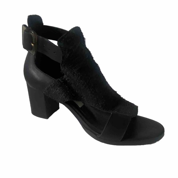 Miista Sandal Black Leather Open Toe Ankle Strap Buckle Fringe Cut Out 3… - Picture 1 of 10